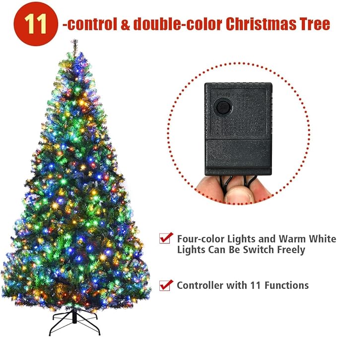 HAPPYGRILL 8FT Pre-Lit Christmas Tree with 2128 PVC Branch Tips and Foldable Base, Premium Artificial Spruce Tree Hinged Xmas Tree for Holiday Decor