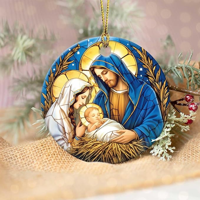 Nativity Night Ornaments Round Ceramic Stained Glass Style Birth of Jesus Christ Ornament Christmas Keepsake Decor for Christmas Tree Winter for Women Men Xmas Hanging Ornament 3"