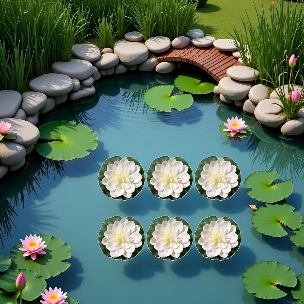 6 Pcs White Artificial Lotus Flowers Large Floating Lotus Flowers Faux Flowers Water Lily Flowers Fish Pond Plants with Artificial Lily Pads, Home Decor Flowers