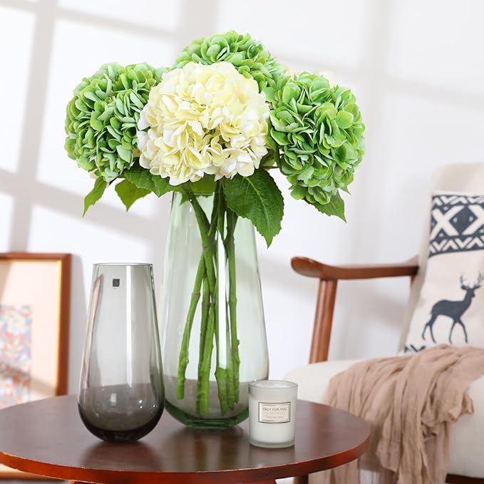 Nubry 22.44In Green Hydrangea Artificial Flowers,4Pcs Latex Faux Real Touch Large Hydrangea Flowers with Long Stems & Leaves for Home Office Decor Wedding Party Arrangements(Green)