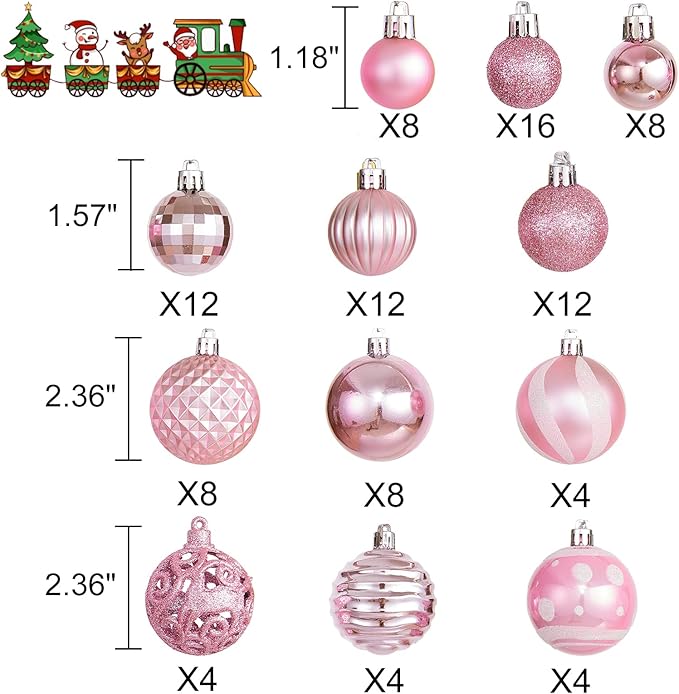 100PCS Christmas Ball Ornaments, Assorted Shatterproof Christmas Tree Decorations, Seasonal Decorative Hanging Baubles Decor Set for Xmas/Holiday/Party, Glitter&Painting Ornament Set (Pink)