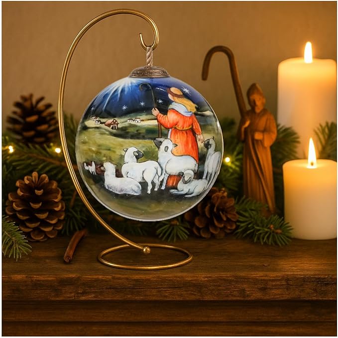 Little Shepherd Boy Nativity Ornament–Hand-Painted Glass Christmas Ornament – Shepherd with Sheep and Star of Bethlehem – Religious Christian Ornament – Catholic Keepsake