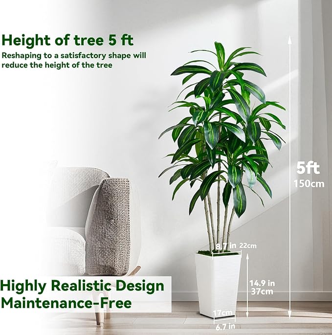 Artificial Dracaena Tree-5FT Tall Fake Plants with White Tall Planter-Artificial Plants Indoor Floor Plant in Pot-Large Tropical Fake Yucca Potted Tree for Home Office Living Room Decor