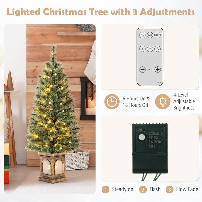 GOFLAME 4FT Pre-Lit Potted Christmas Tree Set of 2, Artificial Entrance Xmas Tree with 100 LED Lights, 116 Branch Tips, Pine Needles, Timer, Holiday Decoration Tree with 3 Lighting Modes, 4 Brightness