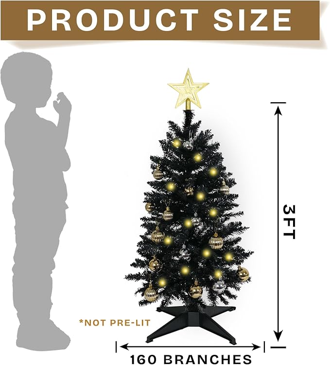 Sunshine Black Christmas Tree with Light 3ft Artifical Full Christmas Tree with Ball & Star Ornaments 8 Lighting Modes for Holiday Decor