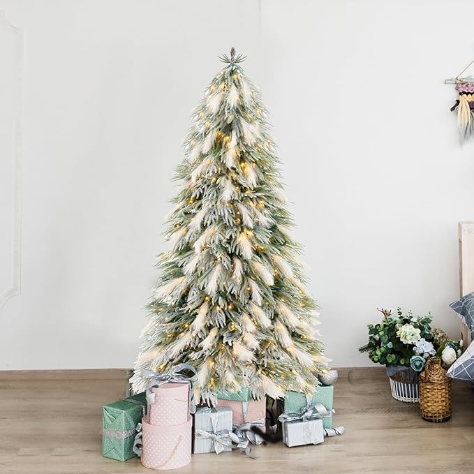 Makenna 7.5ft Snow Flocked Feathery Frosted Prelit Artificial Christmas Tree with 6478 Pampas Tips, 550 Warm Lights and Metal Stand, 48" Wide Realistic Snow Flocked Pine Christmas Tree with Lights