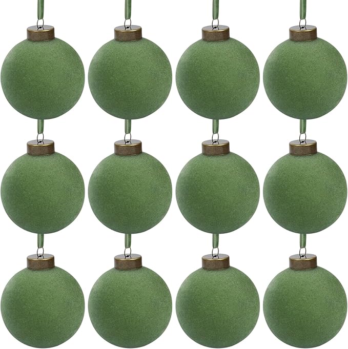 12 Pcs Velvet Christmas Balls Bulk Shatterproof Plastic Christmas Tree Decorations for Decorative Hanging Baubles (12, Green, 2.36Inch)