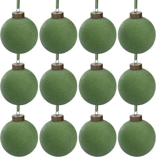 12 Pcs Velvet Christmas Balls Bulk Shatterproof Plastic Christmas Tree Decorations for Decorative Hanging Baubles (12, Green, 2.36Inch)