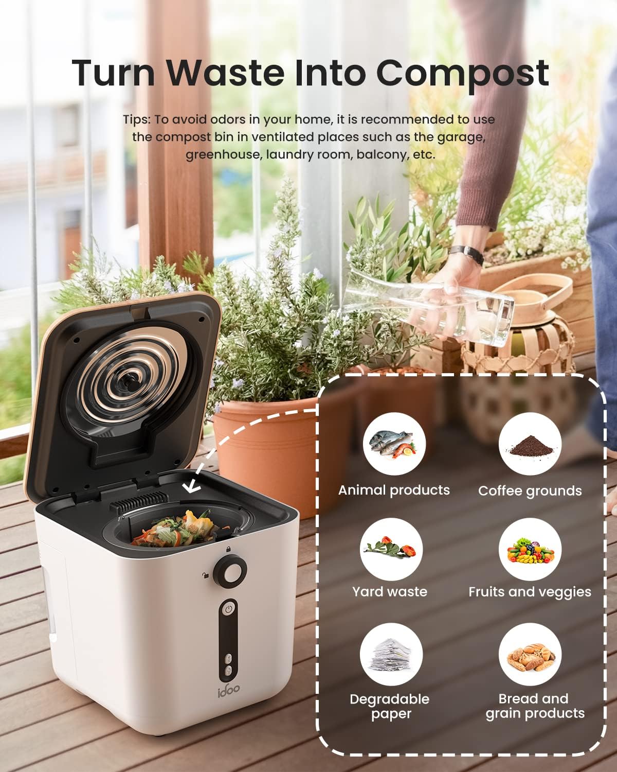 iDOO Electric Composter Kitchen, 3L Countertop Compost Bin, Odorless Compost Machine, Waste Disposal System Use for Kitchen, Garden & Outdoor, Turns Waste into Fertilizer, White
