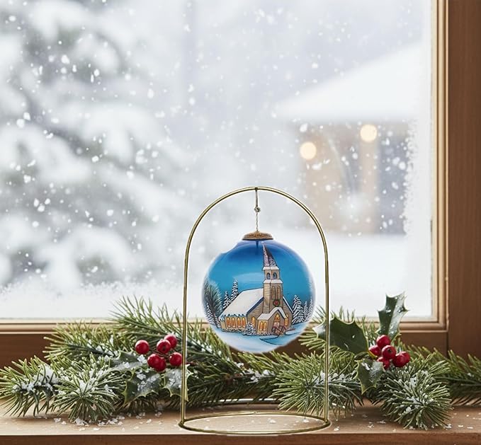 Church Christmas Ornament – Hand-Painted Glass Collectible with Snowy Chapel & Winter Trees – Reverse Painted Church Ornament for Christmas Tree, Holiday Village Décor with Gift Box