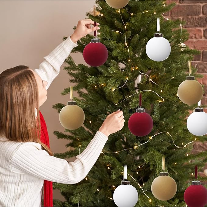 12 Pcs Velvet Christmas Balls Bulk Shatterproof Plastic Christmas Tree Decorations for Decorative Hanging Baubles (12, White、Wine red、Khaki, 3.94Inch)