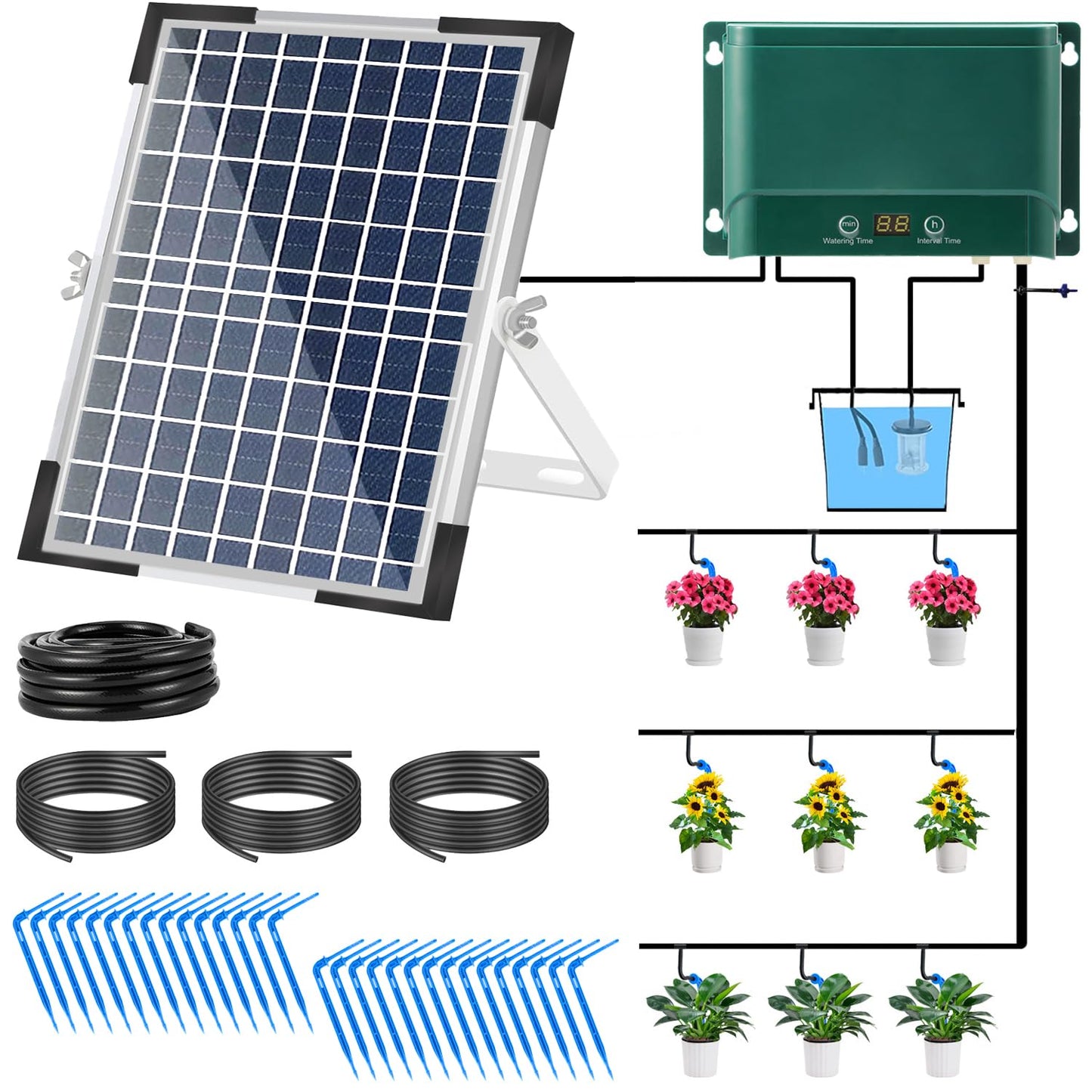 Lewisia 10W Solar Automatic Drip Irrigation Kit Auto Watering System 115FT for 30 Plants