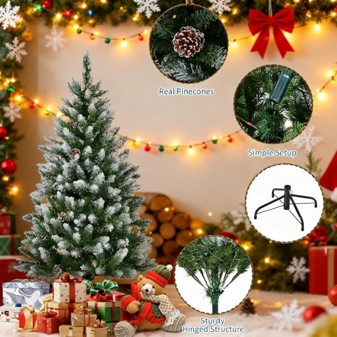 GarveeHome 4.5ft Christmas Tree Pre-lit Holiday Decoration, Skinny Décor LED Lights, Metal Stand,Xmas Tree for Room, Bedroom, Apartment, Outdoor Porch, Office