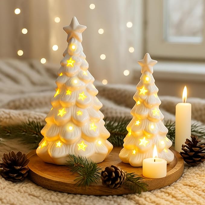 White Ceramic Christmas Trees with Lights, 2Pcs Light Up Table Top Porcelain Christmas Tree, Tabletop Mini Xmas Tree Figurines for Modern Home Decoration