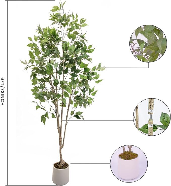 Artificial Fake Ficus Tree 6FT Tall 1Pack with White Planter & Free Moss, Artificial Plants Indoor, Artificial Trees for Home Decor Indoor, Faux Ficus Tree