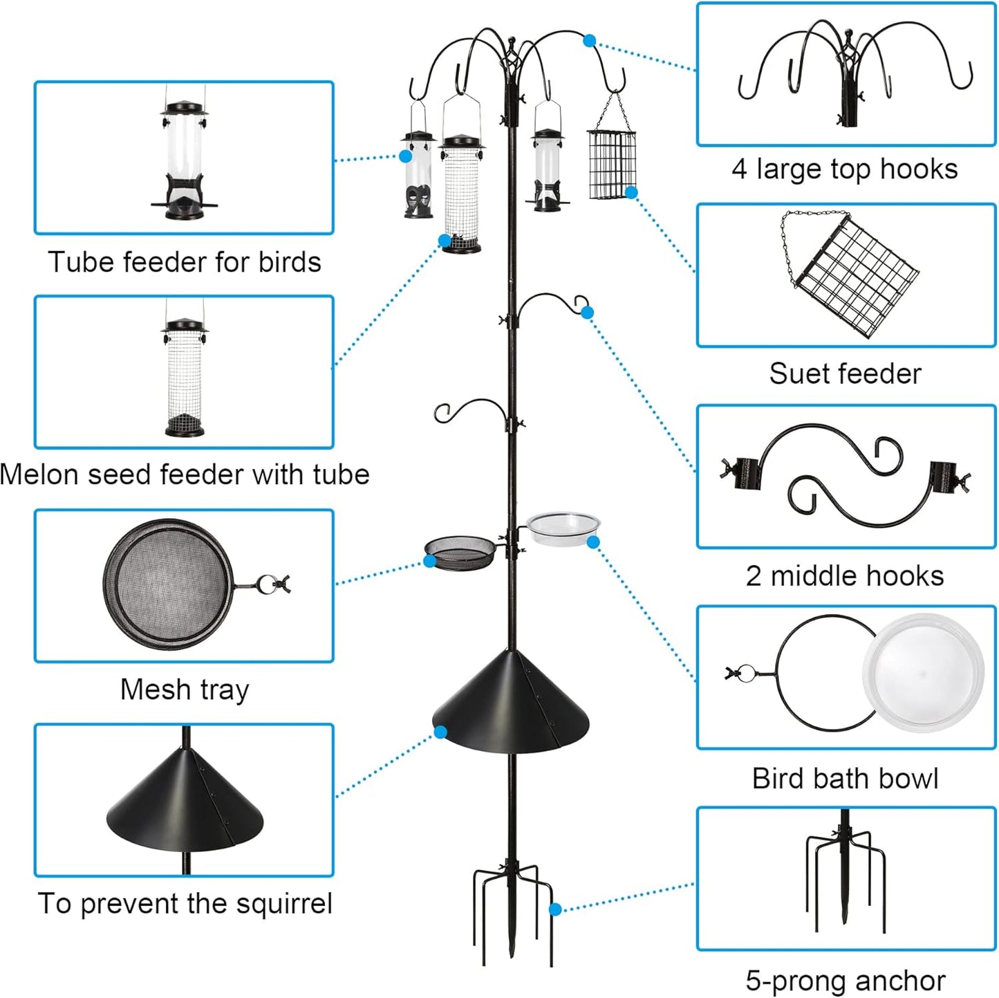 6-Hook Bird Feeding Station, Steel Multi-Feeder Kit Stand for Attracting Wild Birds w/ 4 Bird Feeders, Bird Bath, Mesh Tray and Squirrel Guard Baffle，94 Inch