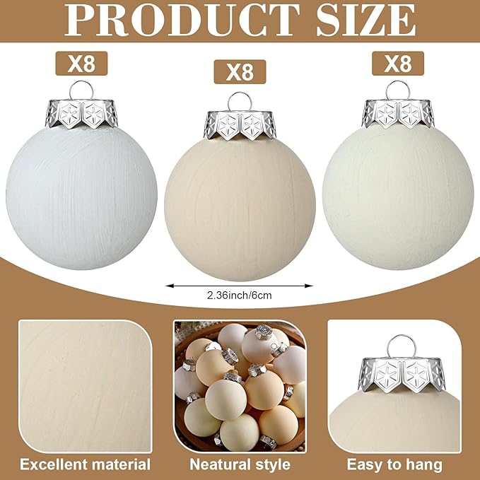 24 Pcs Neutral Matte Christmas Ball Ornaments 2.4 Inch Rustic Boho White Cream Beige Xmas Bulbs Ornament Vintage Xmas Baubles Modern Christmas Decor for Tree Farmhouse Holiday Decor