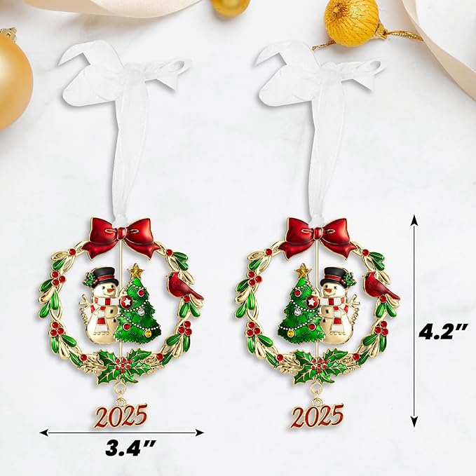2025 Snowman Christmas Tree Ornament Metal Silver Hanging Rotatable Design Charm Holiday Decorative Pendant Gift Keepsake (Bow,Golden)