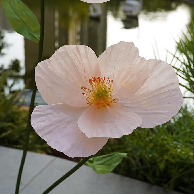 Large Paper Artificial Flowers,Giant Flowers for Decoration,Huge Handcrafted Poppy Fake Flowers with Stand for Home Decor Bridal Shower Party Outdoors Yard Event Backdrop Decor (Champagne)