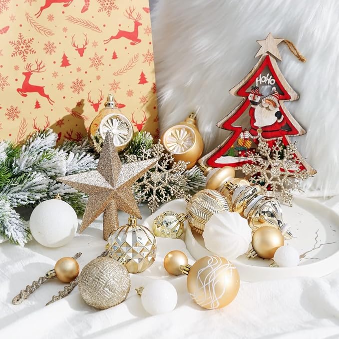 XmasExp 99-Pack Christmas Ball Ornaments Assorted Shatterproof Christmas Tree Decorations with Hand-held Gift Package for Xmas Tree,Home,Party(Champagne Gold)
