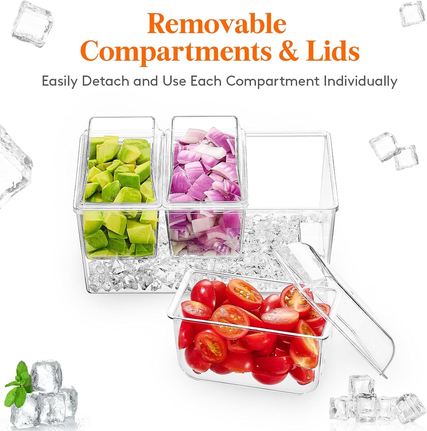 Lifewit Ice Chilled Condiment Caddy with 3 Containers(2.5 cup), Condiment Server with Separate Lids, Serving Tray Platter with Removable Dishes for Bar Accessories, Fruit, Salad, Taco, Party Garnish