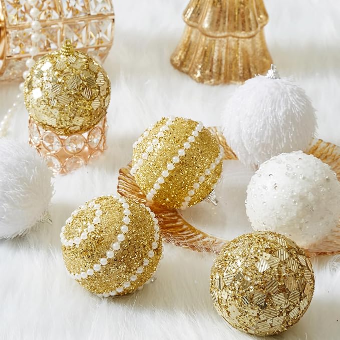 Gold Christmas Ball Ornaments, Christmas Ball Decorations Shatterproof Plastic Hanging Pearl Balls for Holiday Party(70mm/2.76", 12ct)