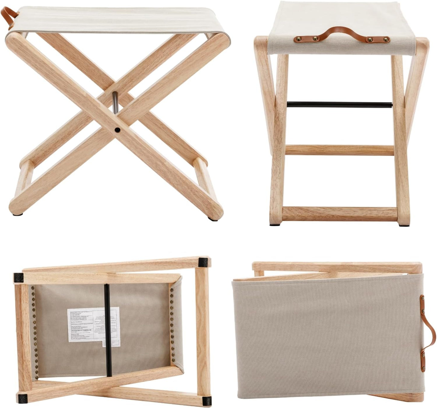 Folding Camping Stools Set of 4, Canvas Folding Stool with Wood Legs Portable Camp Stool Chairs for Outdoor Fishing Picnic Travel BBQ, Beige