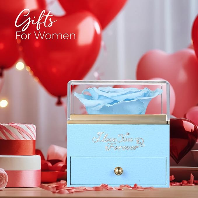 NEWNOVE Preserved Real Light Blue Rose with Angle Wings Necklace, Anniversary Birthday Gifts for Women Wife Girlfriend Mom Gift Ideas for Christmas Mothers Day Valentines Day, I Love You Gifts for Her