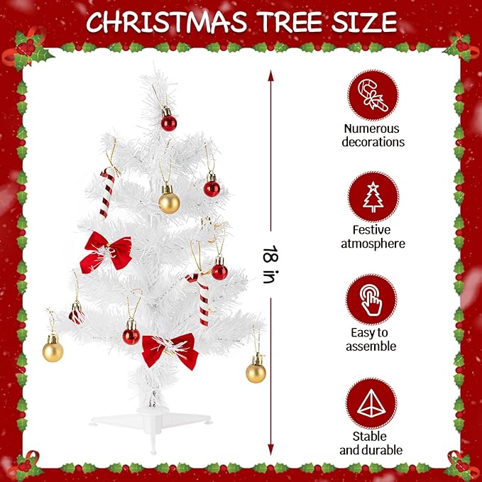 1.5FT Tabletop Christmas Tree, Artificial Mini Christmas Pine Tree with Realistic Branches & Plastic Stand, Small Xmas Tree for Home Office Party Desktop Festival Indoor Decoration, White