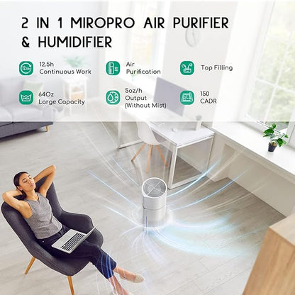 Afloia 2 IN 1 Air Purifier with Humidifier Combo, 3-Stage Filters for Home Allergies Pets Hair Smoker Odors, Evaporative Humidifier, Auto Shut Off, Quiet Air Cleaner with Seven Color Light,White