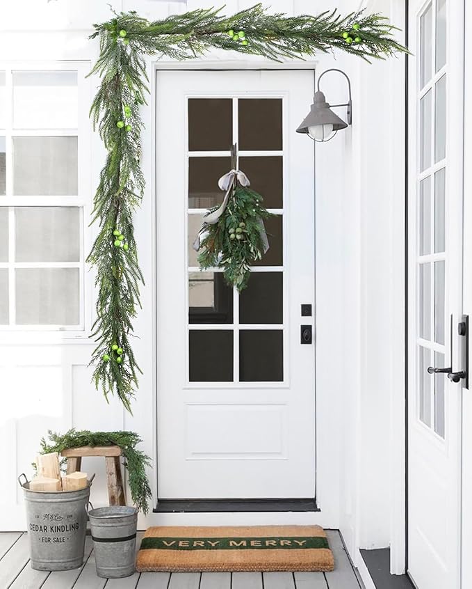 Christmas Norfolk Pine Garland with Berries - Realistic Spruce Greenery for Holiday Mantel, Fireplace, Table Decor