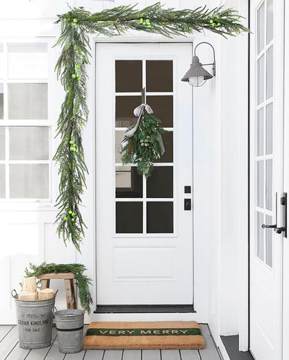 Christmas Norfolk Pine Garland with Berries - Realistic Spruce Greenery for Holiday Mantel, Fireplace, Table Decor