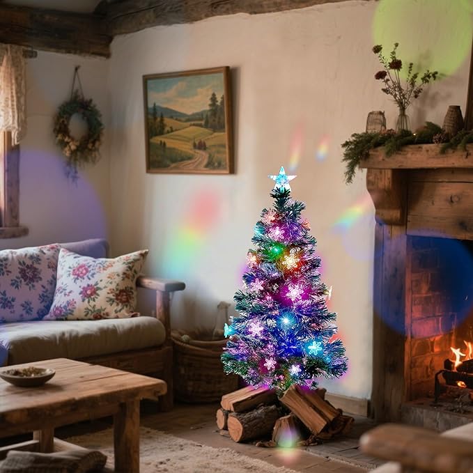 Juegoal 3 ft Pre-Lit Green Artificial Christmas Tree, Lighted Optical Fiber Table Mini Xmas Trees with Color Changing Lights, Snowflakes & Top Star, Fake Multicolored Tree for Festive Party Holiday