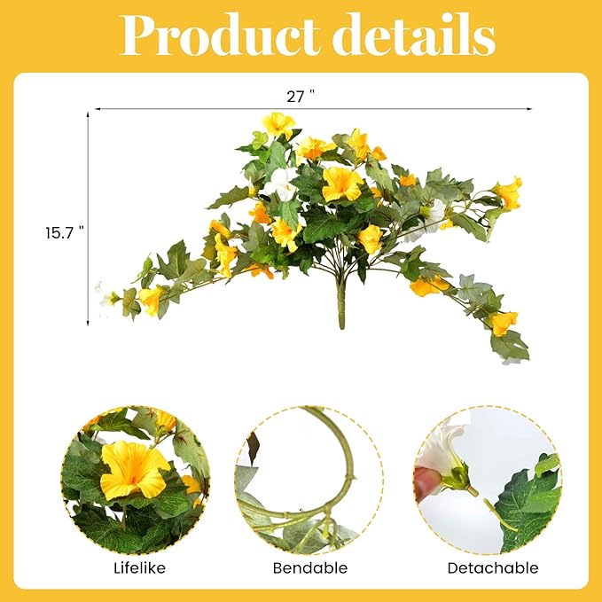 Artificial Morning Glory Fake Flowers for Outdoor Planter Decoration, 2 Pcs Petunias Realistic UV Resistant Faux Silk Flowers for Garden Balcony Porch Indoor Decor (Yellow White)
