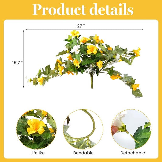 Artificial Morning Glory Fake Flowers for Outdoor Planter Decoration, 2 Pcs Petunias Realistic UV Resistant Faux Silk Flowers for Garden Balcony Porch Indoor Decor (Yellow White)