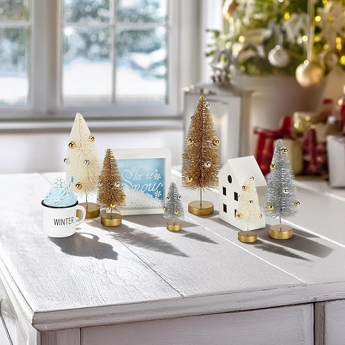 6 Pack Mini Christmas Trees, Small Miniature Frosted Bottle Brush Christmas Tree Decorations Tiny Tabletop Glittered Tree with Bead Ornaments Winter Holiday Décor for Tiered Tray Mantel Assorted Sizes