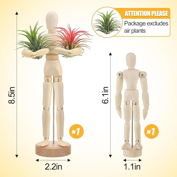 ANPHSIN 2 Sizes Wooden Air Plant Holder - Unique Jointed Mannequin Airplant Stand with Adjustable Poses, Tillandsia Display Container for Gifts Home Office Decoration, 2 pcs