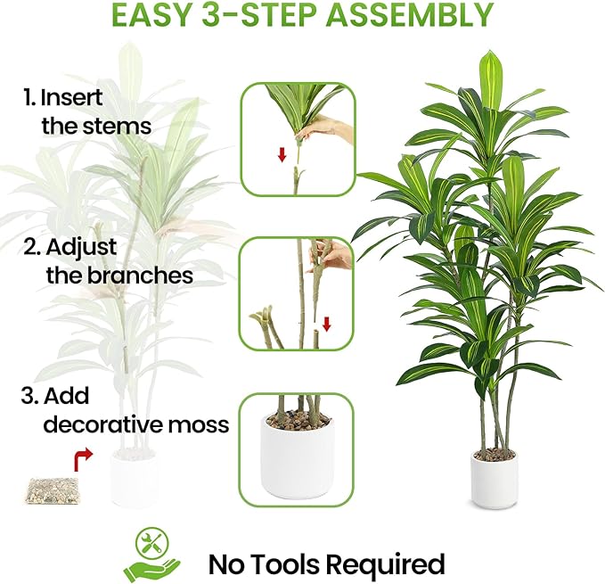 5FT Artificial Dracaena Tree, Faux Dracaena Plant with Stones in White Round Planter, Tall Fake Floor Plant for Indoor Home Office Living Room Decor