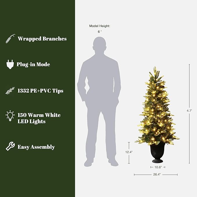 LuxenHome 4.5FT Potted Christmas Tree, Prelit Artificial Small Christmas Trees with 150 LED Lights, Slim Xmas Tree Pre-lit with Pine Cone and Black Fluted Urn Style Pot for Entryway, Living Room