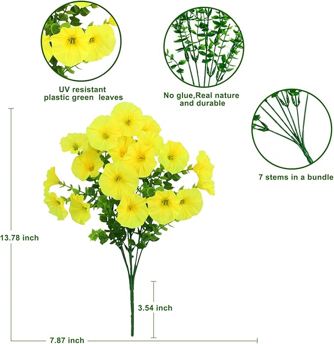 10 Bundles Artificial Flowers for Outdoor,UV Resistant Fake Petunia Flowers,Faux Plants for Outside Hanging Planters,Artificial Plants for Indoor Porch Garden Home Wedding Decor(Yellow)