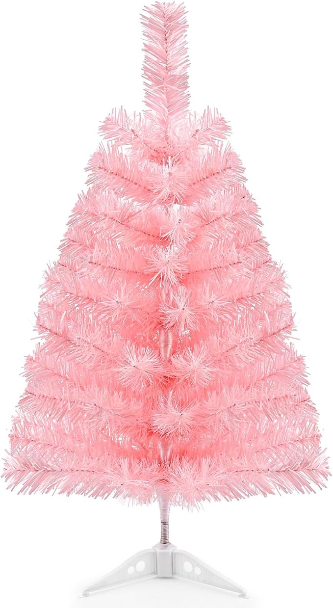 2Ft Artificial Christmas Tree Pink Tabletop Christmas Tree with Plastic Stand Mini Xmas Pine Tree for Indoor Outdoor Holiday Home Decoration