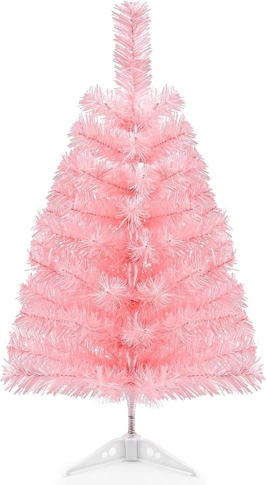 2Ft Artificial Christmas Tree Pink Tabletop Christmas Tree with Plastic Stand Mini Xmas Pine Tree for Indoor Outdoor Holiday Home Decoration
