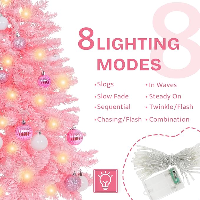 Sunshine Pink Christmas Tree with Light 3ft Artifical Full Christmas Tree with Ball & Star Ornaments 8 Lighting Modes for Holiday Decor