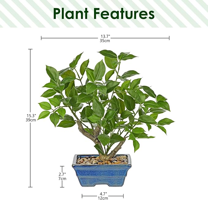 Fake Plants Small Artificial Plants Indoor 15.3" Fake Potted Plants Realistic Faux House Topiary Plants with Blue Ceramic Pot for Home Office Bathroom Kitchen Farmhouse Table Centerpieces Shelf Decor