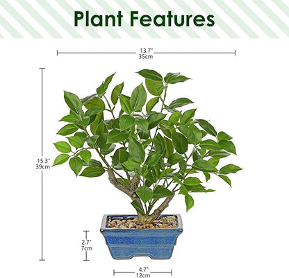 Fake Plants Small Artificial Plants Indoor 15.3" Fake Potted Plants Realistic Faux House Topiary Plants with Blue Ceramic Pot for Home Office Bathroom Kitchen Farmhouse Table Centerpieces Shelf Decor