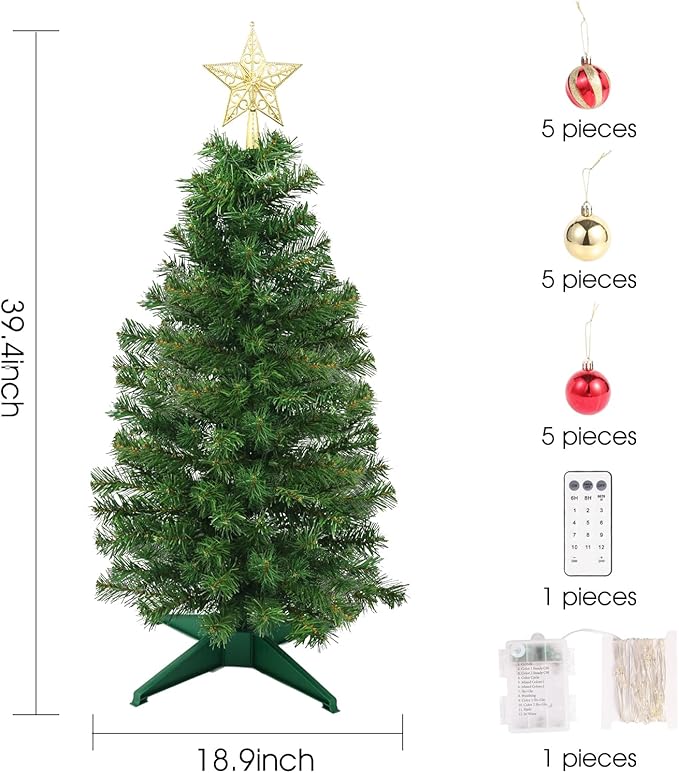 3Ft Christmas Tree with Lights, Table Christmas Tree with 50 LED 12 Modes, 3D Star, 15 Hanging Ball Ornaments, Small Prelit Xmas Tree for Tabletop, Home and Office (Green)