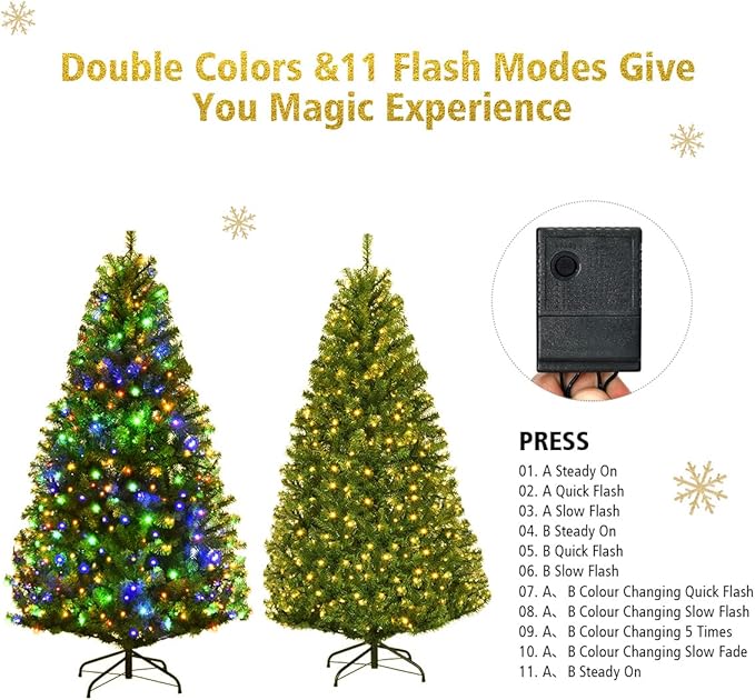 COSTWAY 5 FT Pre-lit Christmas Tree, Artificial Xmas Tree with 150 Warm White & Multicolored Lights, 11 Modes, 600 Branch Tips, Metal Support, Holiday Decoration Fake Tree for Home, Office, Party
