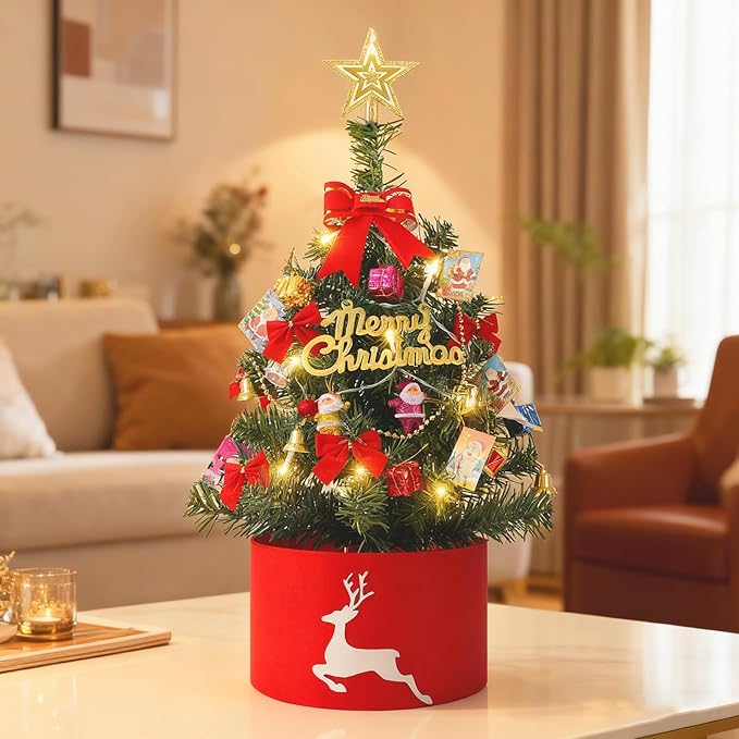 2FT Mini Christmas Tree with Lights, Pre-Lit Artificial Christmas Tree with Tree Skirt & Star Topper, Green Tabletop Xmas Tree for Home, Office, Bedroom, Party Decor (Battery Not Included)