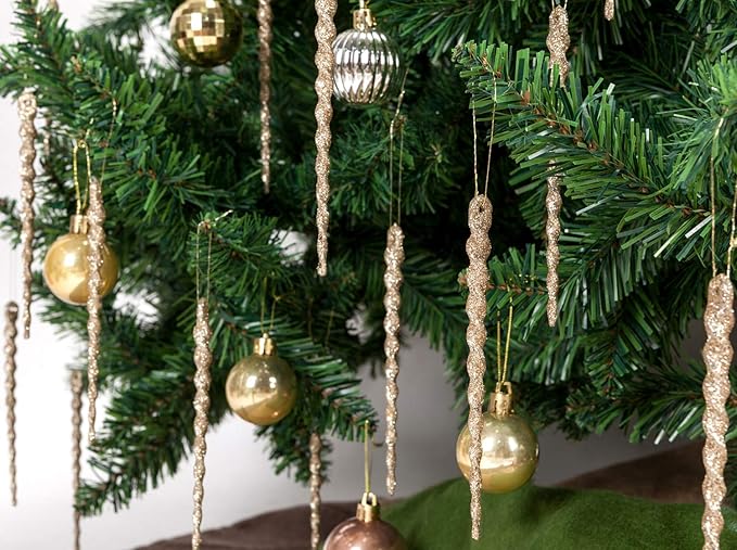 AMS Sparkling Glitter Plastic Icicle Ornaments 30 PCS Twisted Icicles Decoration Christmas Tree and Holiday Xmas Party Hanging (5.1'', Champagne)