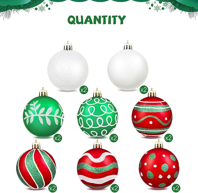 MCEAST 16 Pieces 3.15 Inches Christmas Balls Christmas Tree Pendants Shatterproof Decorative Baubles Balls for Christmas Tree Decoration, Red, Green, White